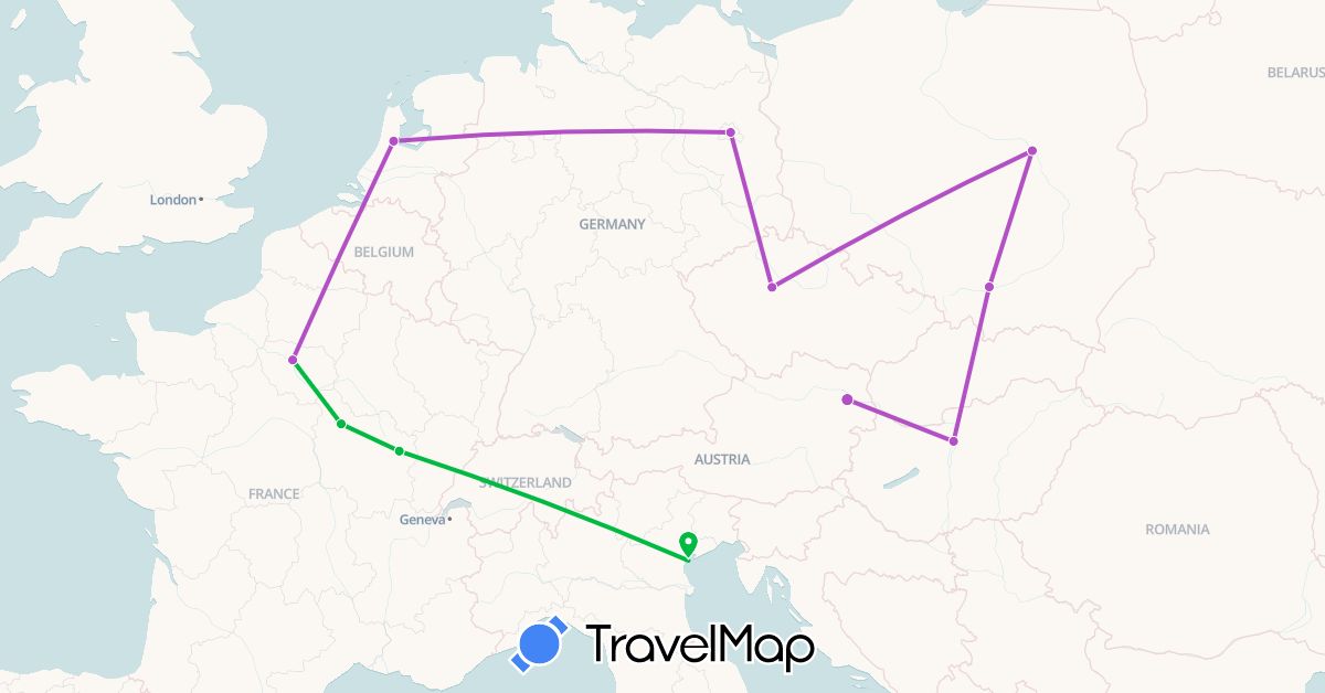 TravelMap itinerary: bus, train in Austria, Czech Republic, Germany, France, Hungary, Italy, Netherlands, Poland (Europe)